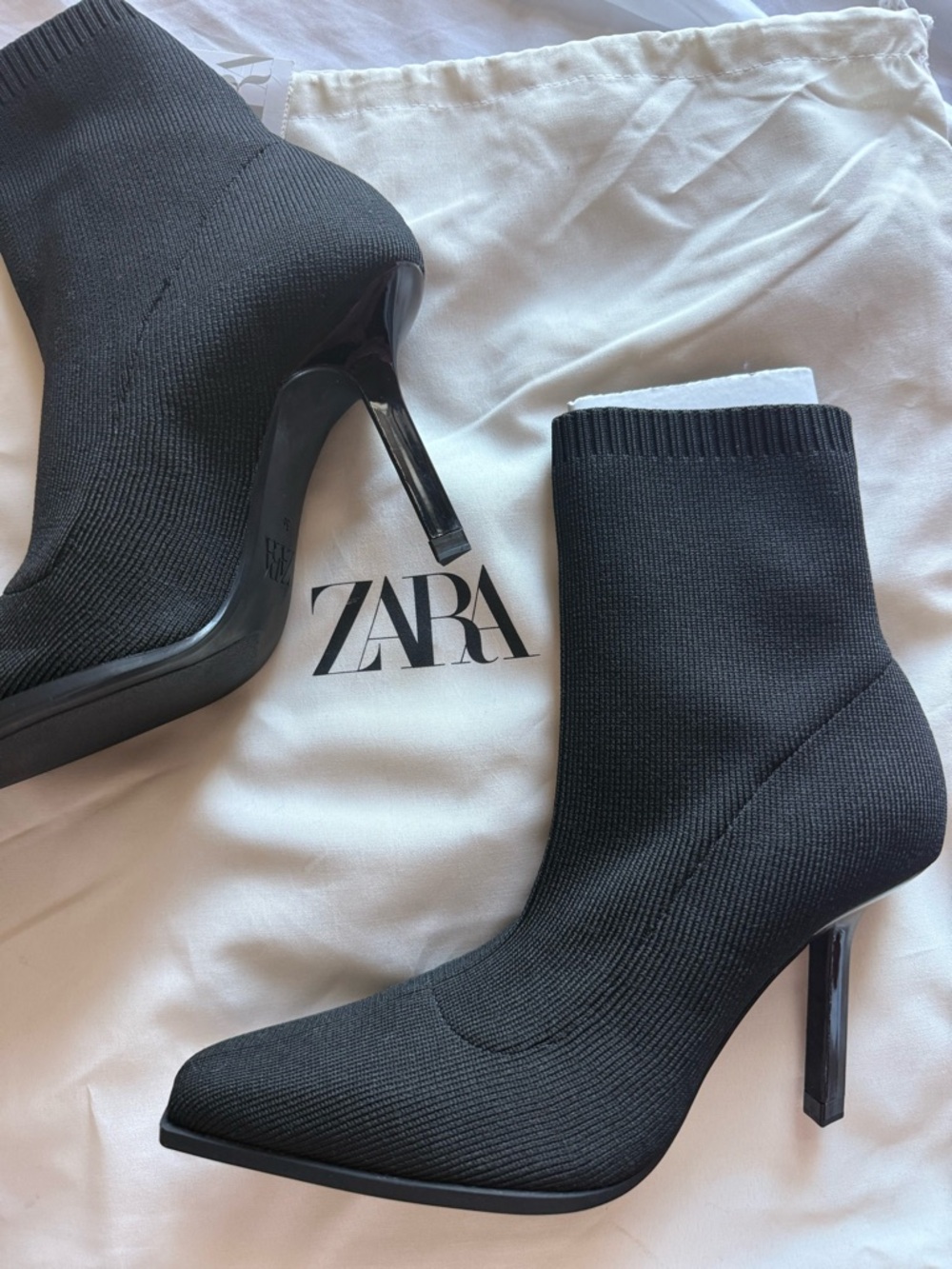 ZARA Black Knit Sock Ankle Boots with Pointed Toe and Stiletto Heel